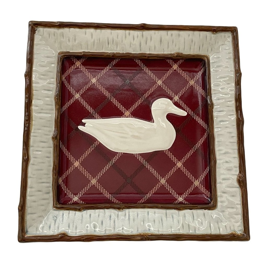 Homestudio Lake Cabin Dinner Plate Square Duck Rustic Embossed Stoneware 11"
